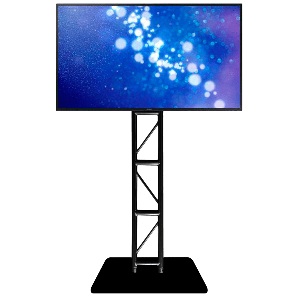 Samsung DM65E commercial grade LCD monitor on a custom, black, F32 truss stand. 