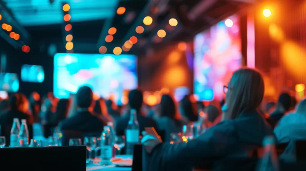 A large audience attending a conference or seminar in a dimly lit room with colourful, dynamic lighting. The focus is on the attendees seated at tables, with glasses and water bottles visible, while blurred presentation screens and stage lighting create a vibrant atmosphere in the background.