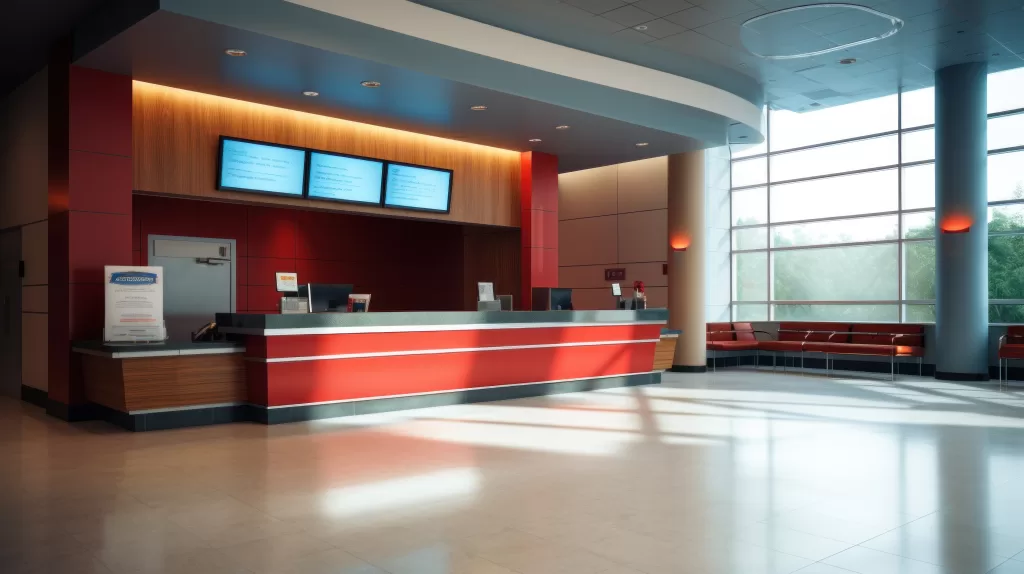 A modern and sleek venue lobby, check-in desk with customisable branding.