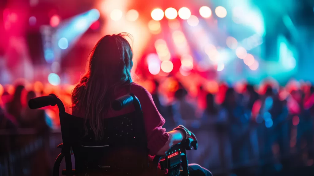 A person in a wheelchair enjoying a live event with a vibrant, colourful light show in the background. The scene captures the inclusive atmosphere of the event, with a crowd of people and dynamic stage lighting creating an energetic and engaging environment.